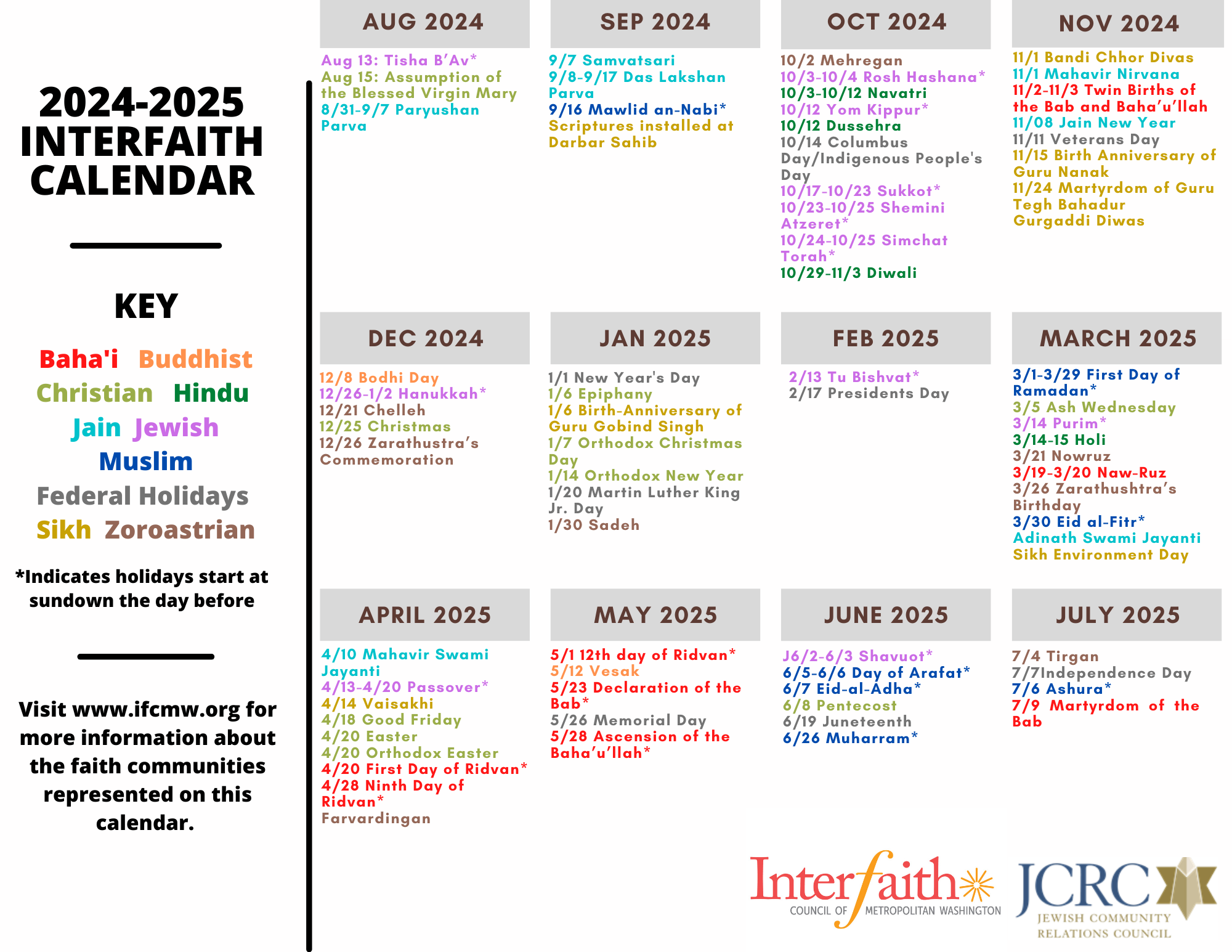 Interfaith Calendar 20242025 Jewish Community Relations Council of